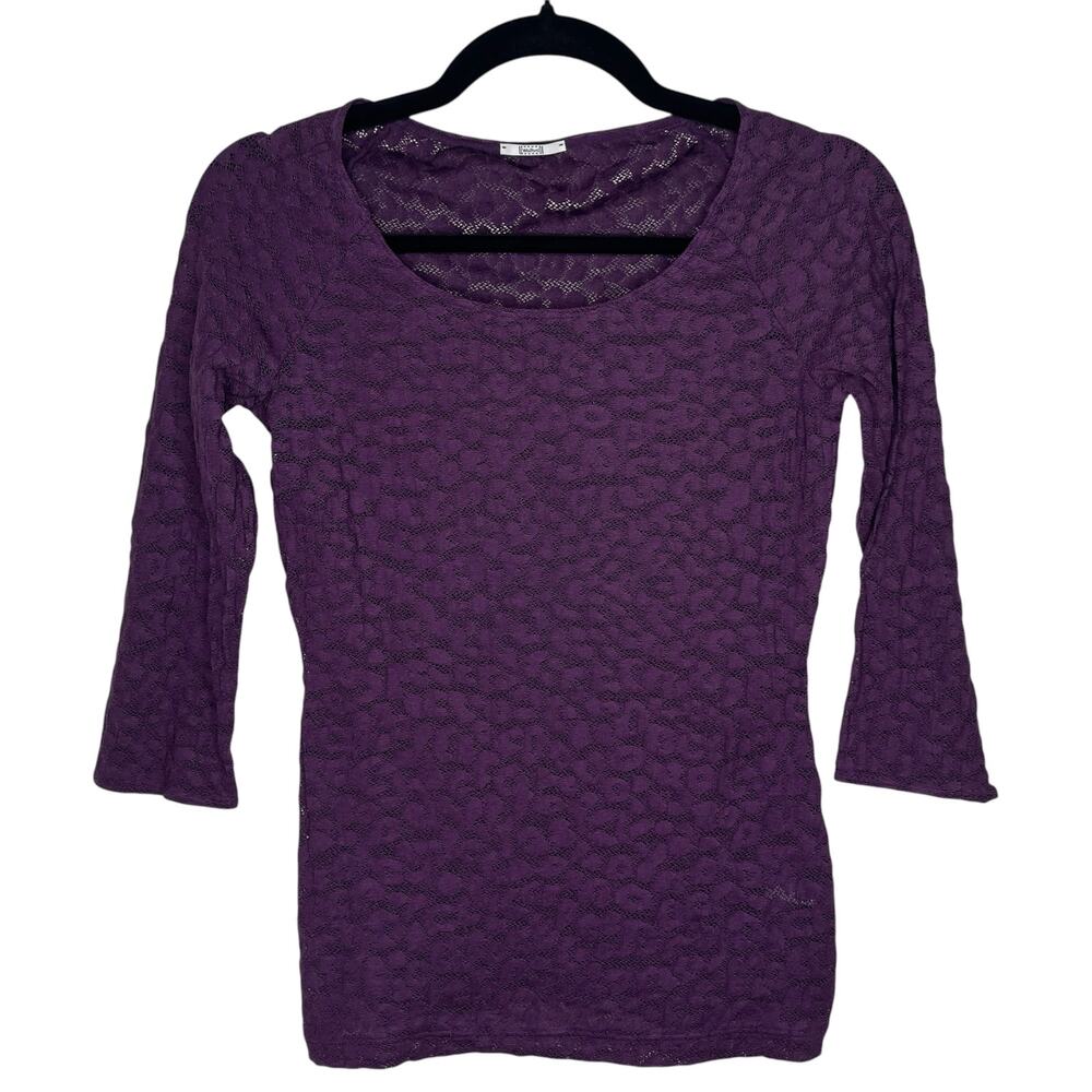 Wolford Womens Top Small Purple Semi Sheer Lace Leopard 3/4 Sleeve Fitted Y2K